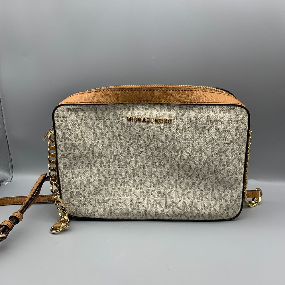 Michael Kors Cream MK SIgnature Textured Shoulderbag w/Tan Adjustable Strap